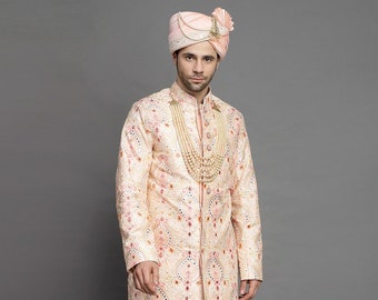 Embroidered Art Silk Sherwani in Peach