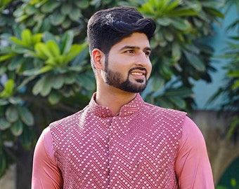 Embroidered Georgette Nehru Jacket in Pink