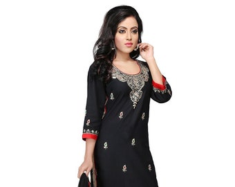 Embroidered Cotton Straight Cut Suit in Black