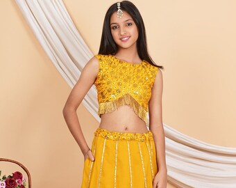 Embroidered Georgette Lehenga in Mustard