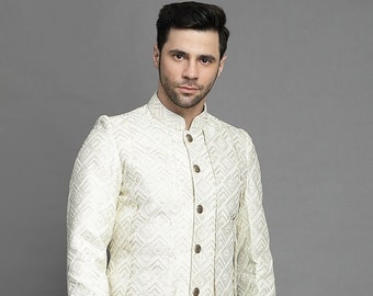 Embroidered Art Silk Layered Sherwani in Off White