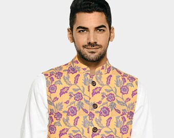 May include: A yellow floral print vest with a mandarin collar and button closure. The vest has a pocket on each side.