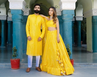 Utsav Fashion Solid Color Embroidered Georgette Kurta and Lehenga Couple Combo Set in Yellow, flaunt your look at Haldi and wedding function