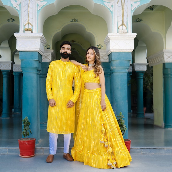 Utsav Fashion Solid Color bestickte Georgette Kurta und Lehenga Paar Combo Set in Gelb, zur Schau stellen Sie Ihren Look bei Haldi und Hochzeitsfunktion