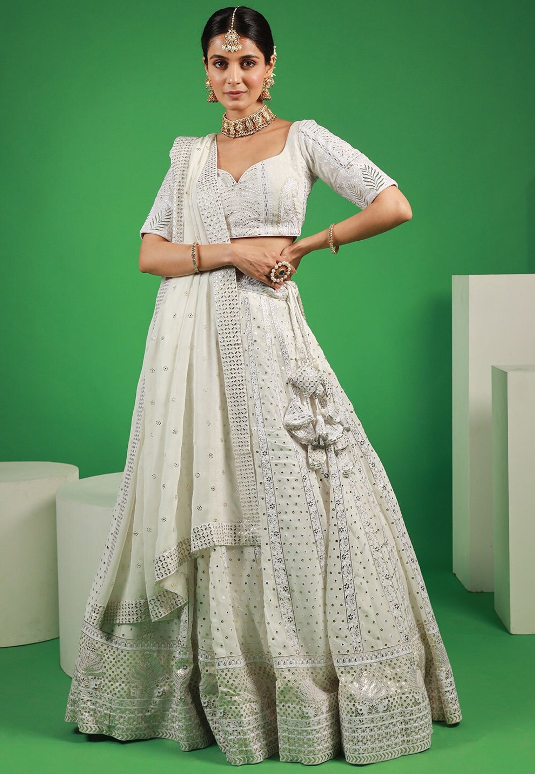 Elegant Cream Lehenga Set Georgette Jacquard with Embroidered Blouse & Handwork Dupatta main image 0