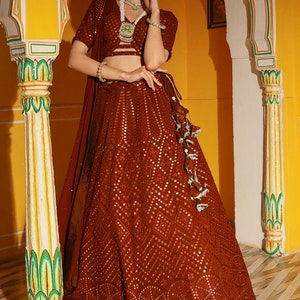 Embroidered Georgette Lehenga in Purple Rust