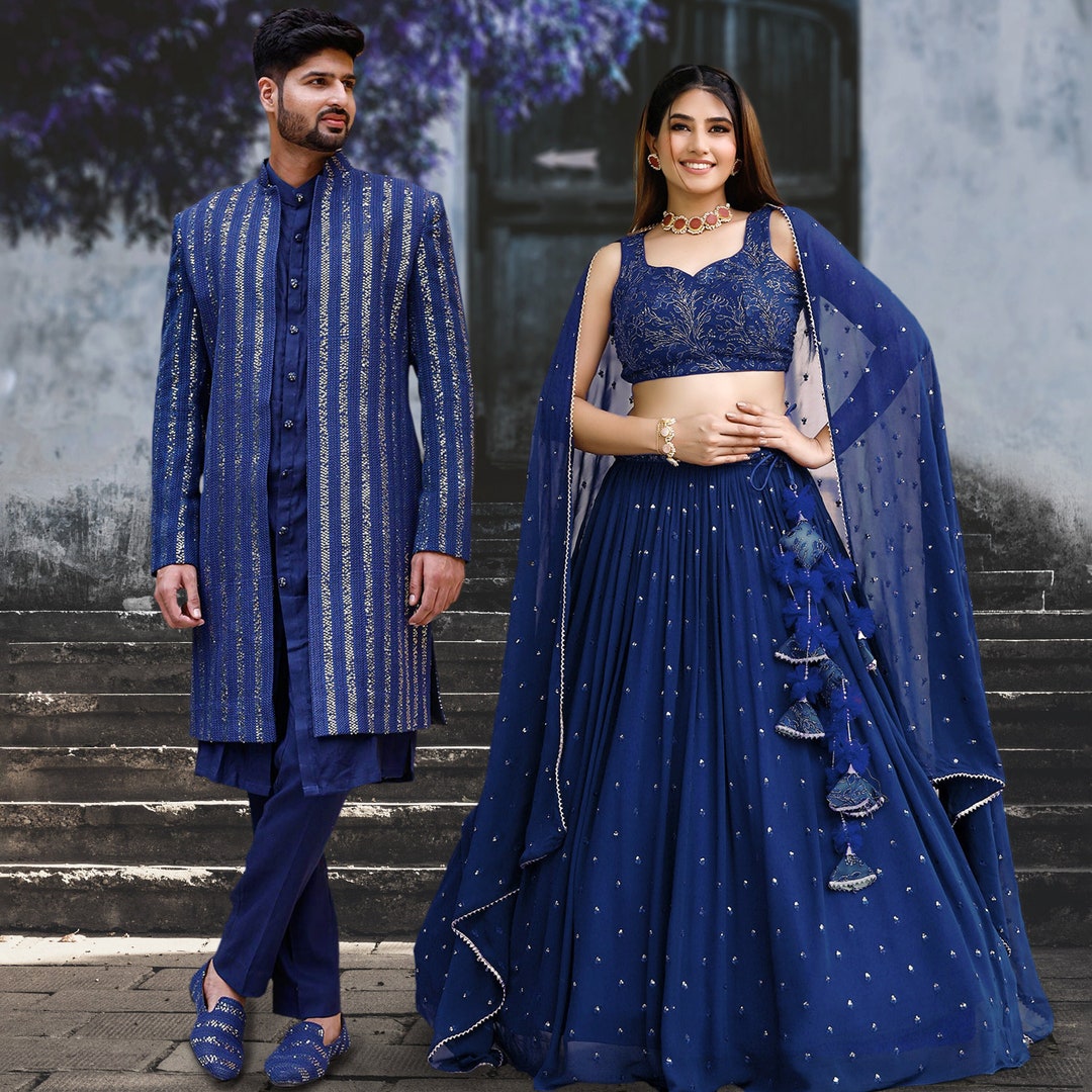 Wedding Couple Dress Combination Blue Sherwani With Red Lehenga Utsav Fashion Couple Combo Set Embroidered Georgette Wedding Couple Dress Combination Blue Sherwani With Red Lehenga Utsav Fashion Couple Combo Set Embroidered Georgette
