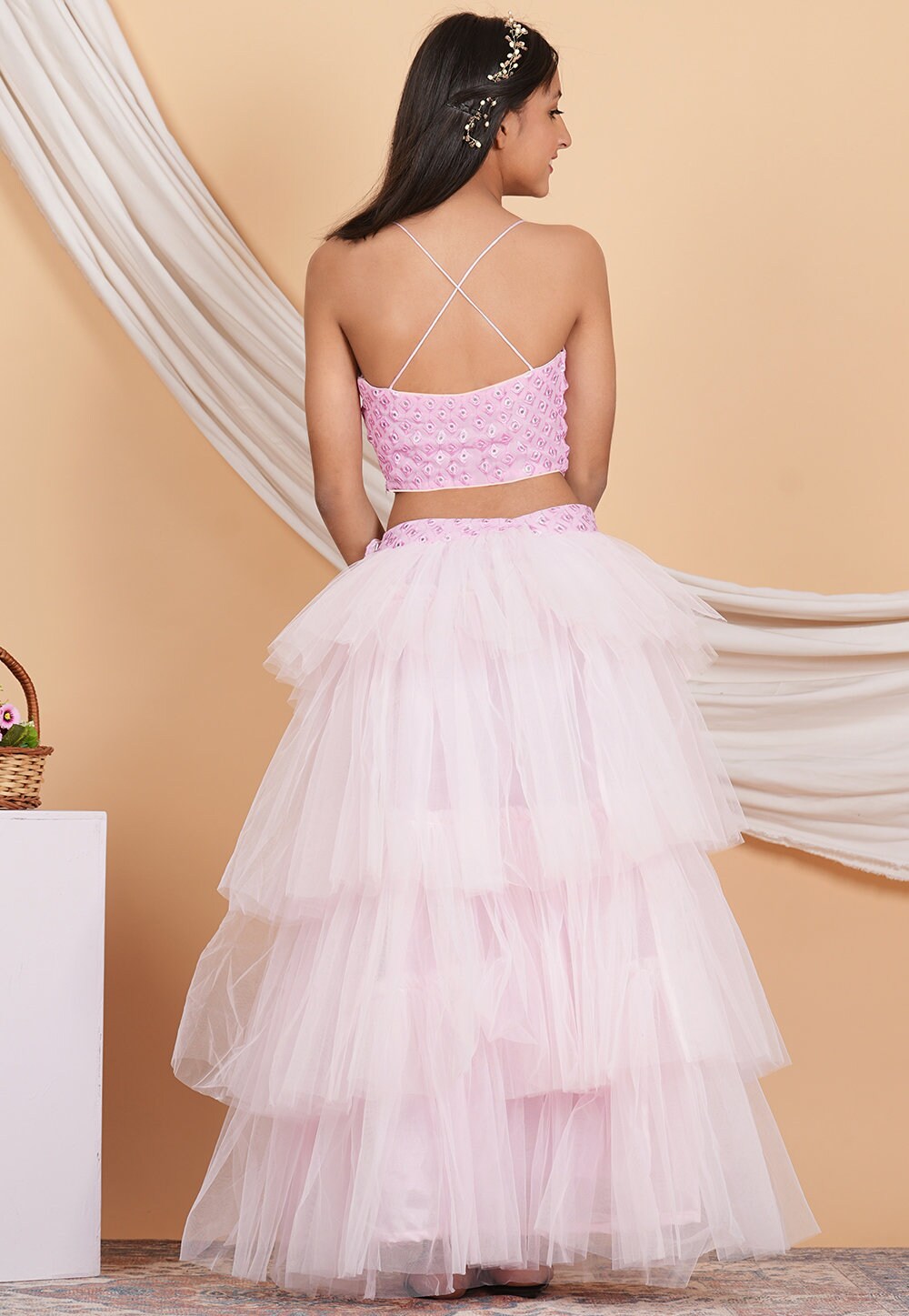Embroidered Net Ruffled Lehenga in Baby Pink - Etsy
