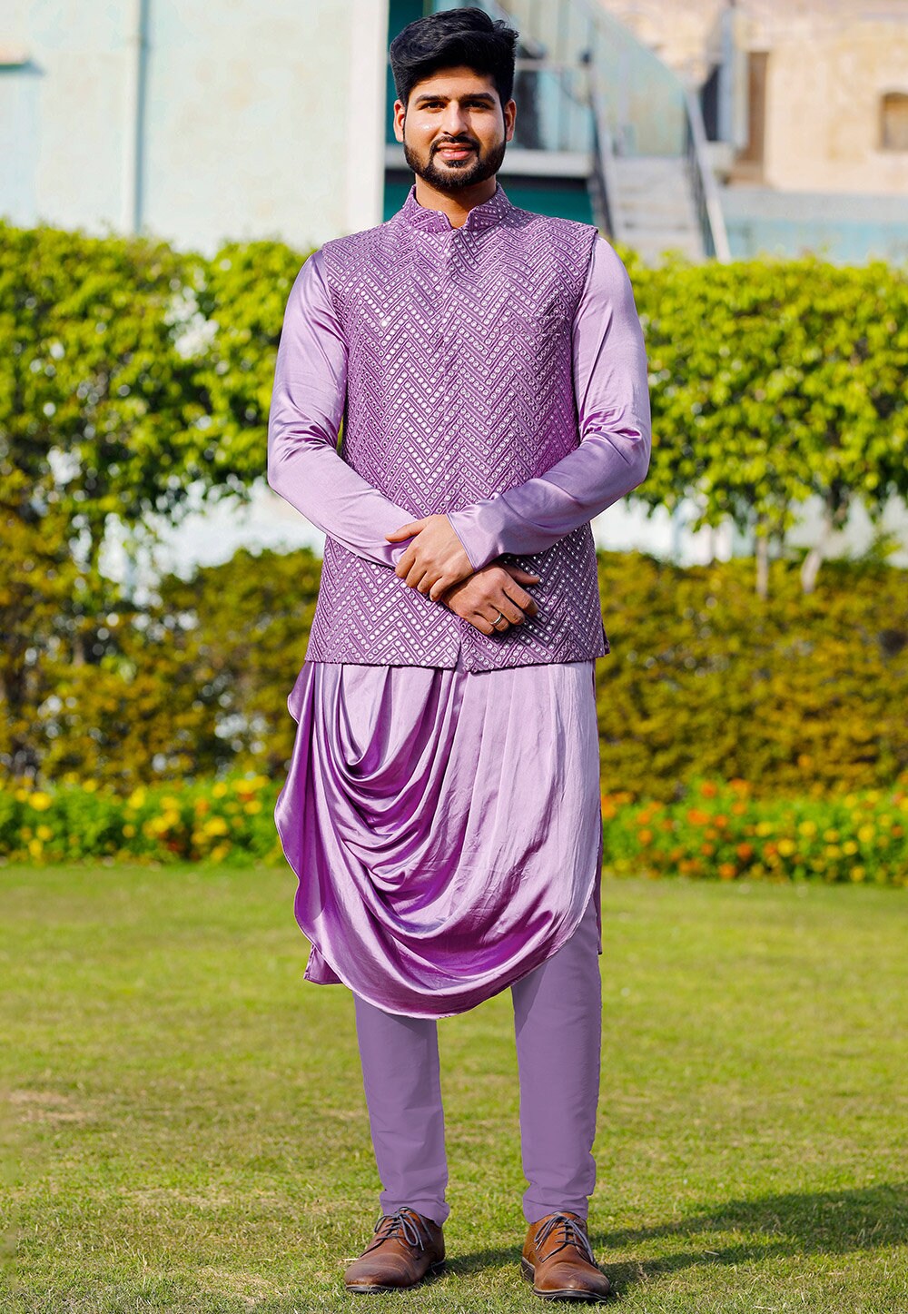 Embroidered Satin Cowl Style Kurta Jacket Set in Pink Etsy
