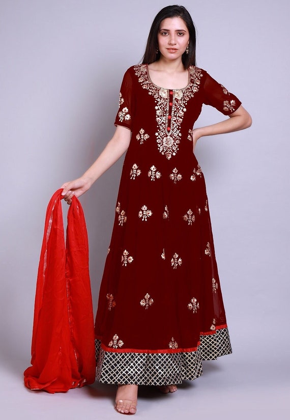 Embroidered georgette abaya style suit in maroon online