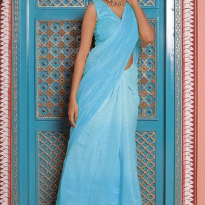 Woven Georgette Saree in Shaded Yellow Shaded Turquoise