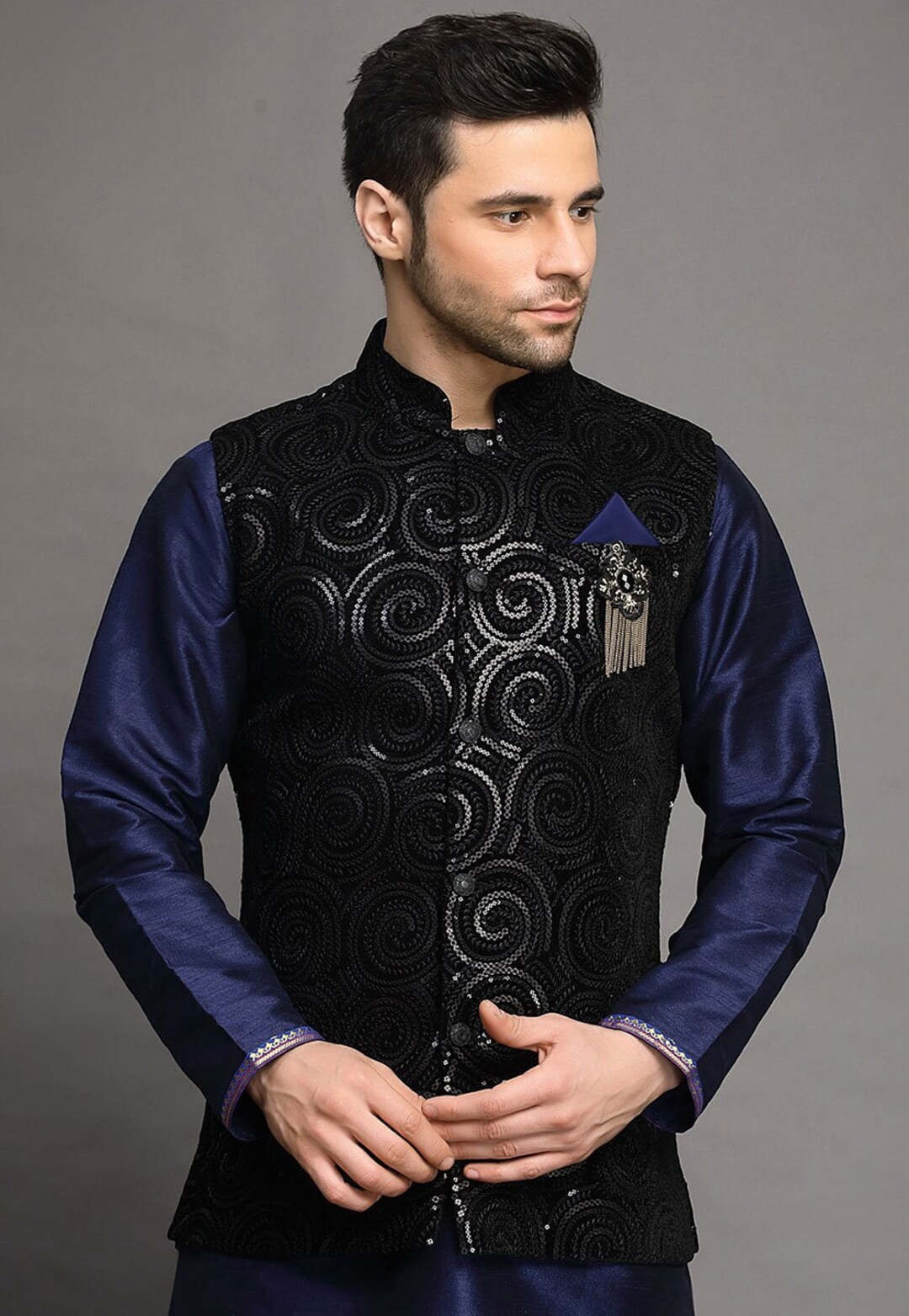 Black Embroidered Velvet Nehru Jacket For Men