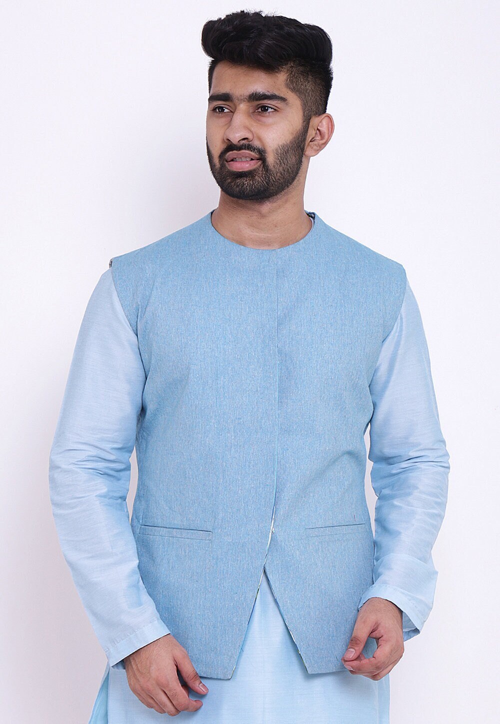 Reversible Linen Cotton Nehru Jacket in Sky Blue