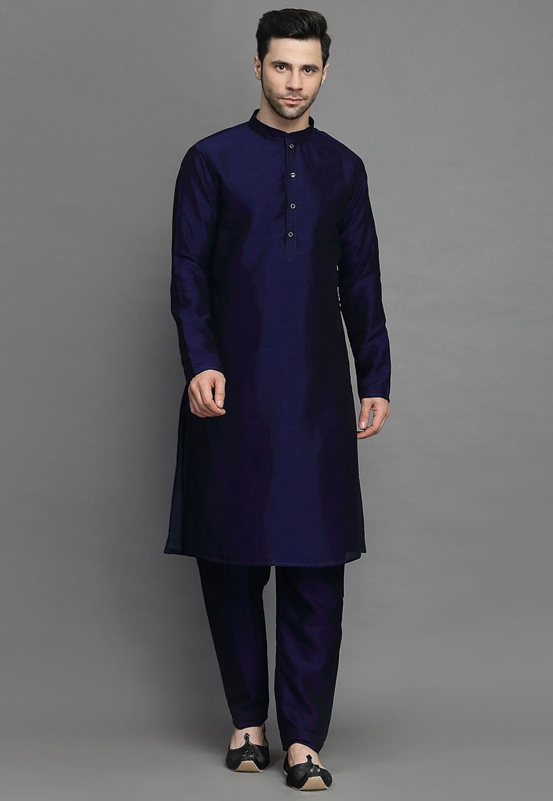 Navy Blue - Plain Silk Long Kurta