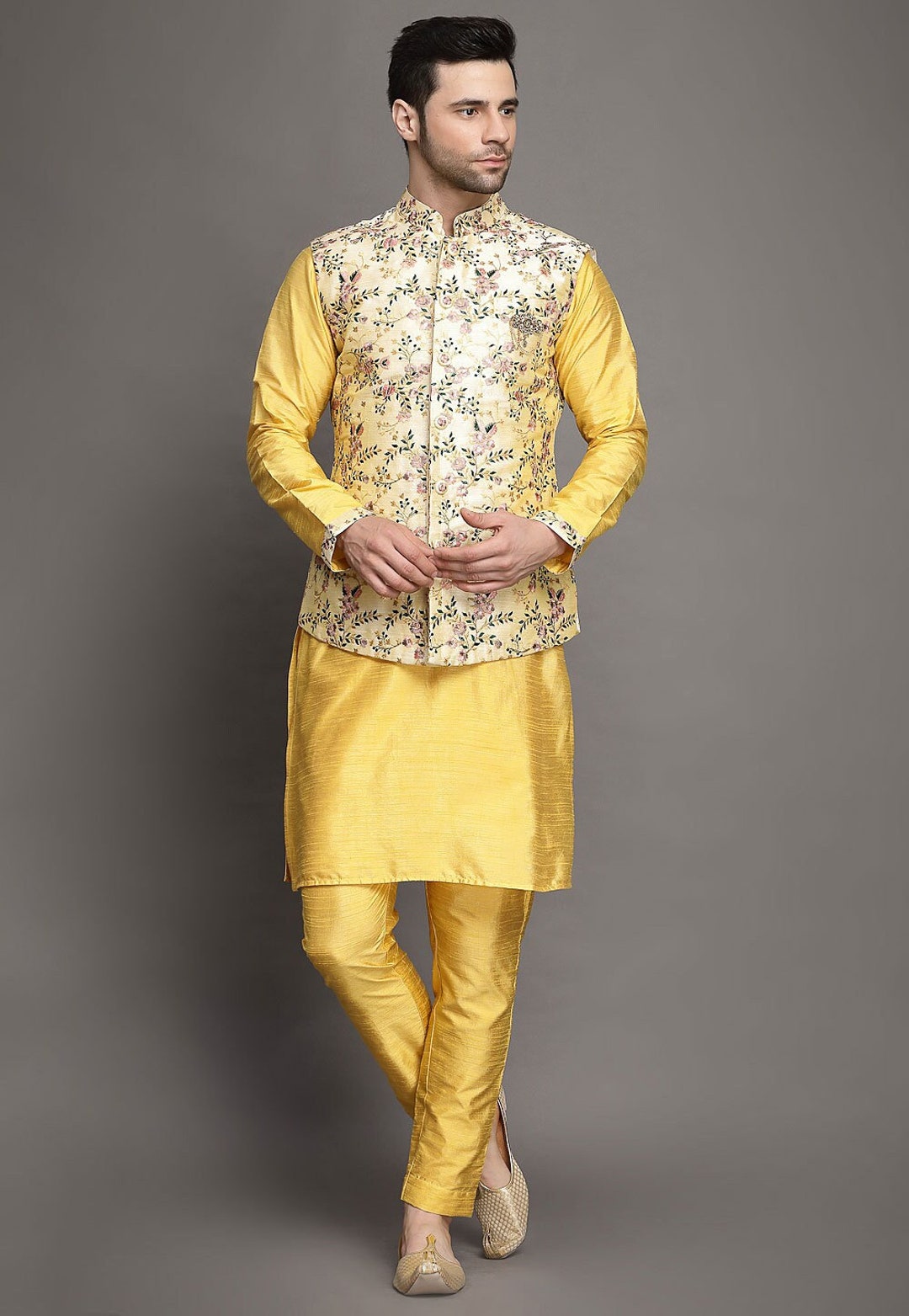 Embroidered Black Art Silk Jacquard Kurta Set - Rent main image 0