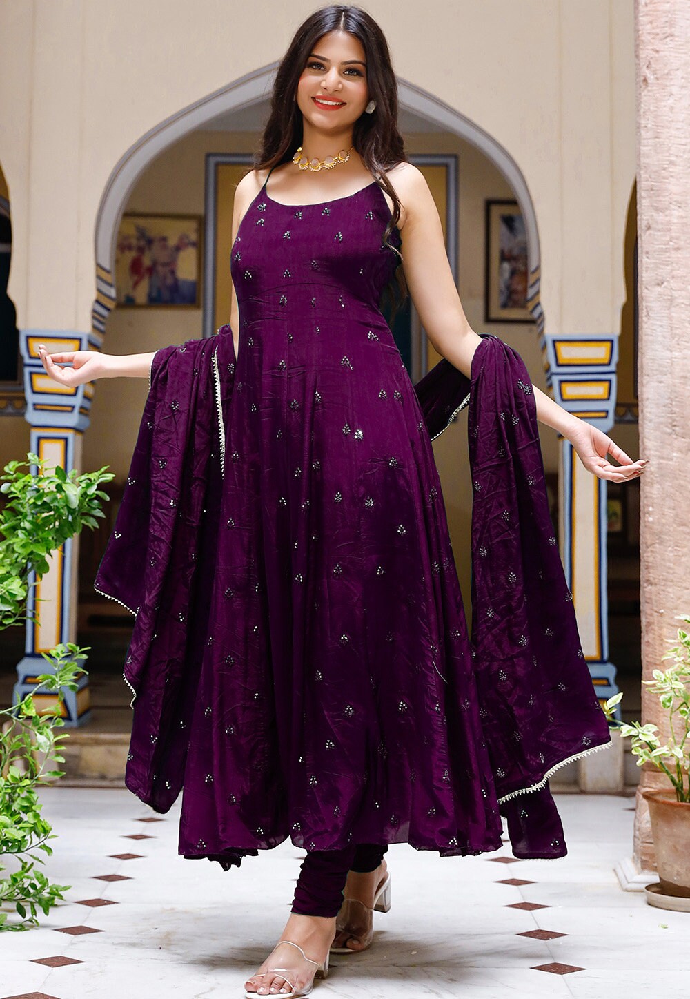 Utsav Fashion Solid Embroidered Chinon Crepe Anarkali Suit and Crepe Kurta Salwar Couple Combo Set in Purple Color