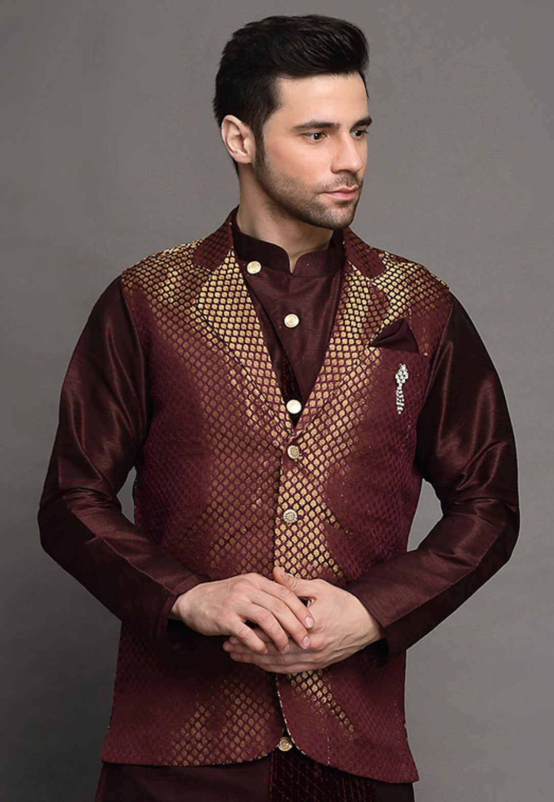 Brocade Nehru Jacket in Wine Etsy UK