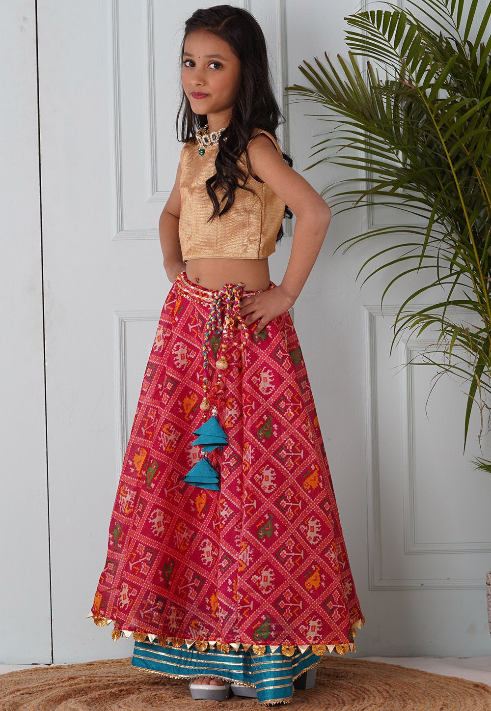 Coral Patola Woven Silk Jacket Lehenga