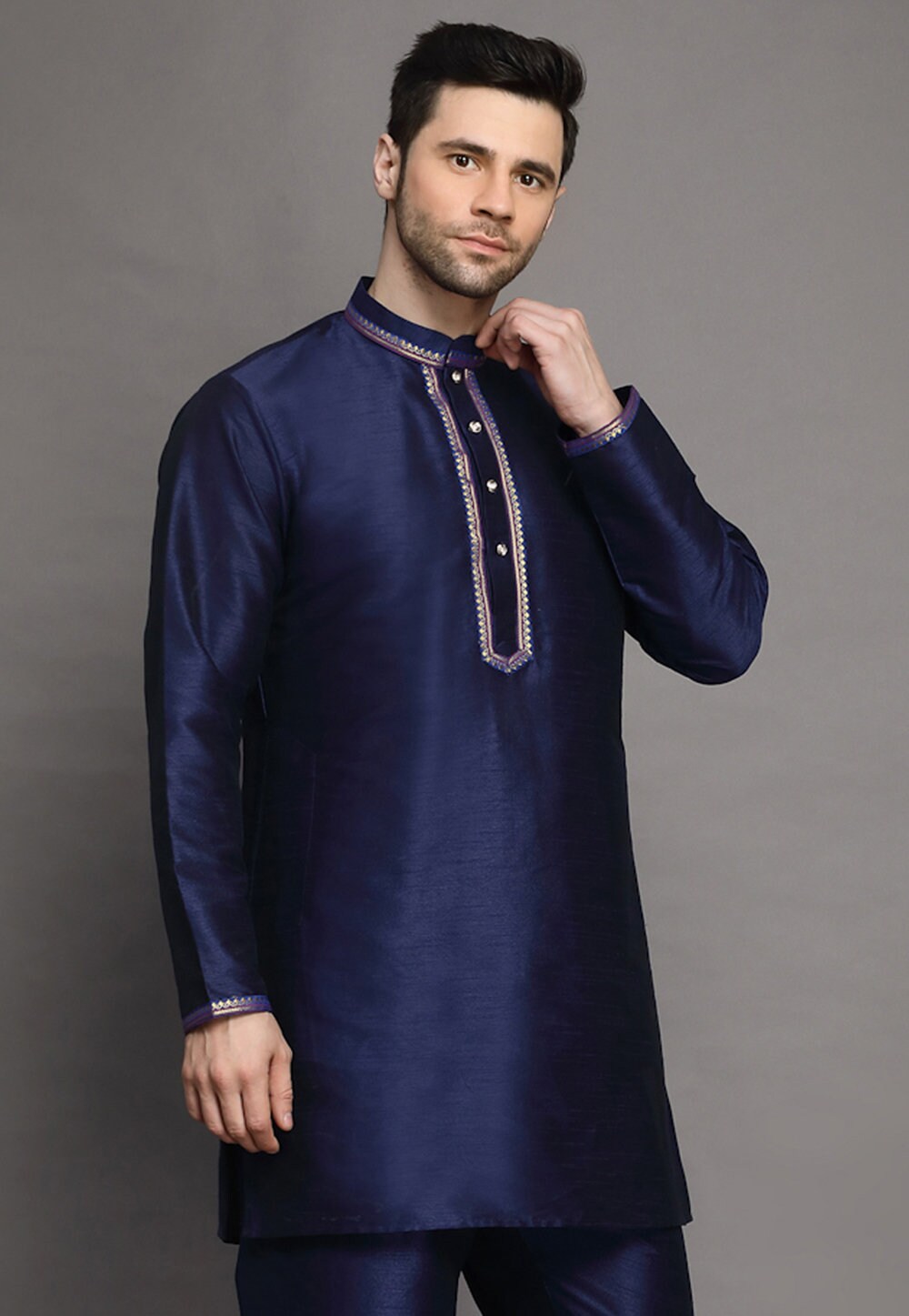 Blue - Plain Slub Silk Long Straight Kurta