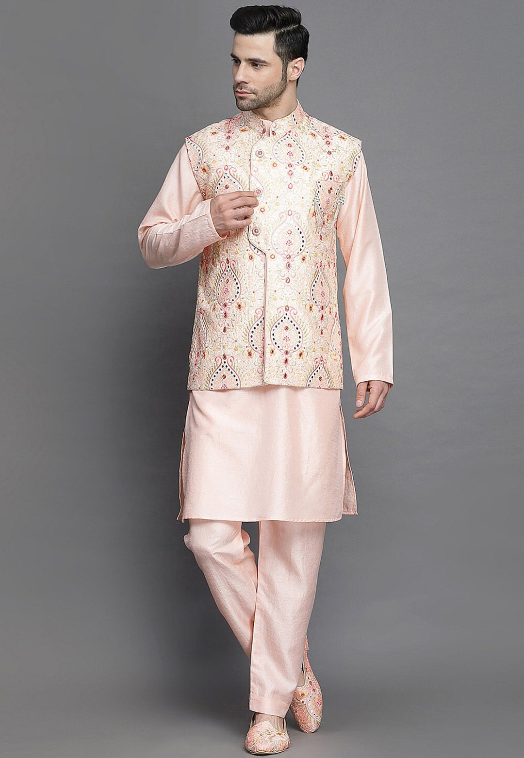 Peach Cotton Silk Jacket Kurta Set with Mirror Work