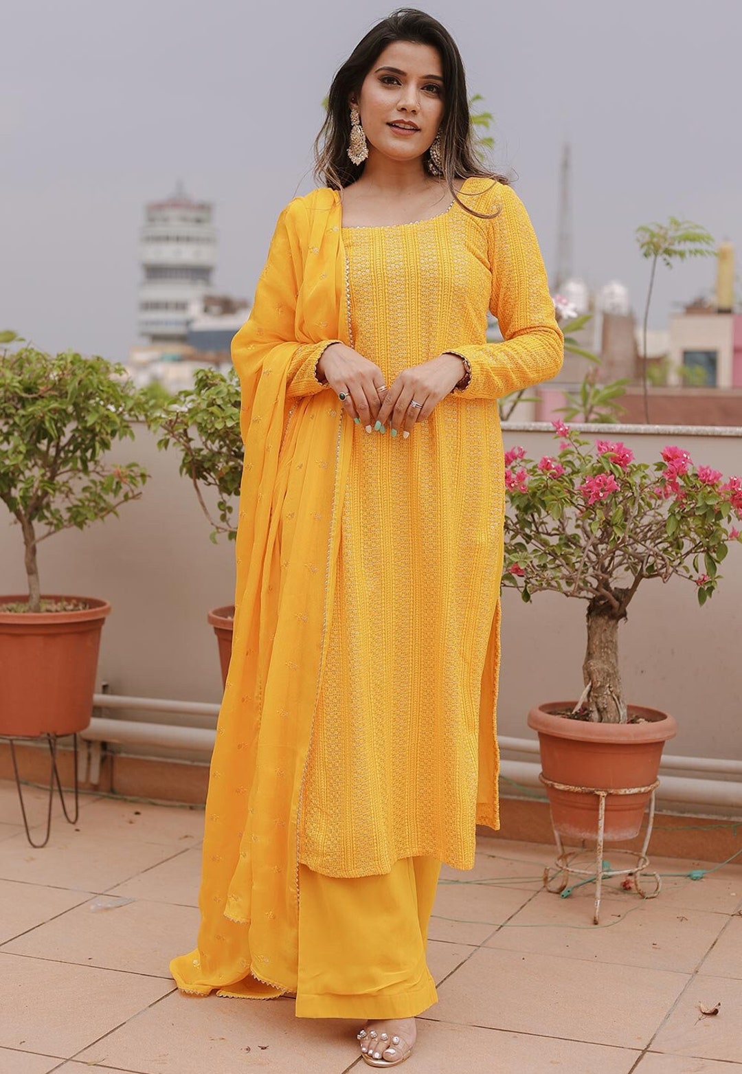 Lime Yellow Pakistani Style Georgette Embroidered Salwar Suit