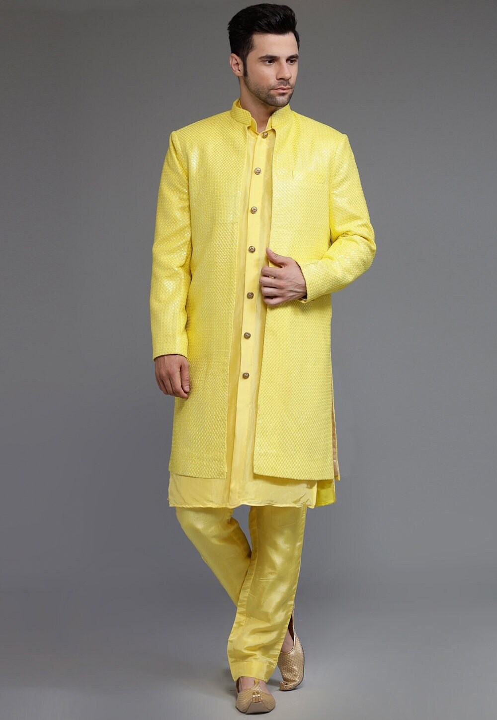 Embroidered Georgette Sherwani & Uppada Silk Kurta Set