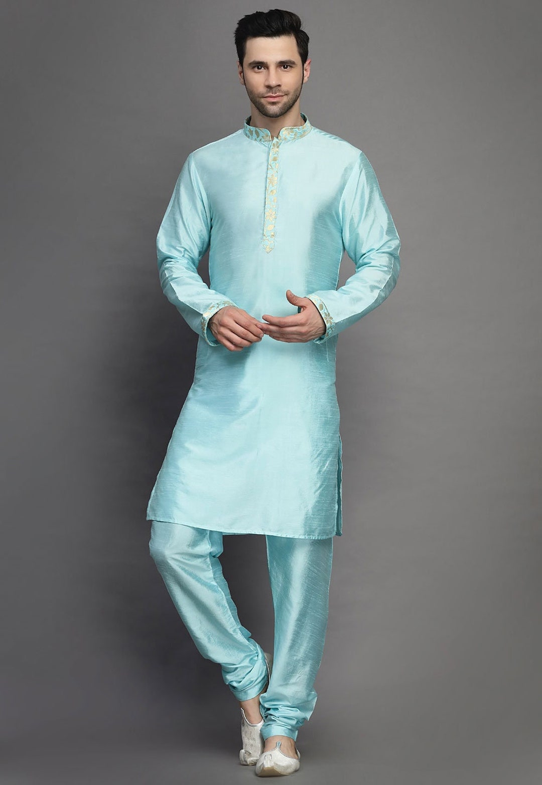 Sky Blue Readymade Designer Kurta With Digital Printed & Foil Work main image 1