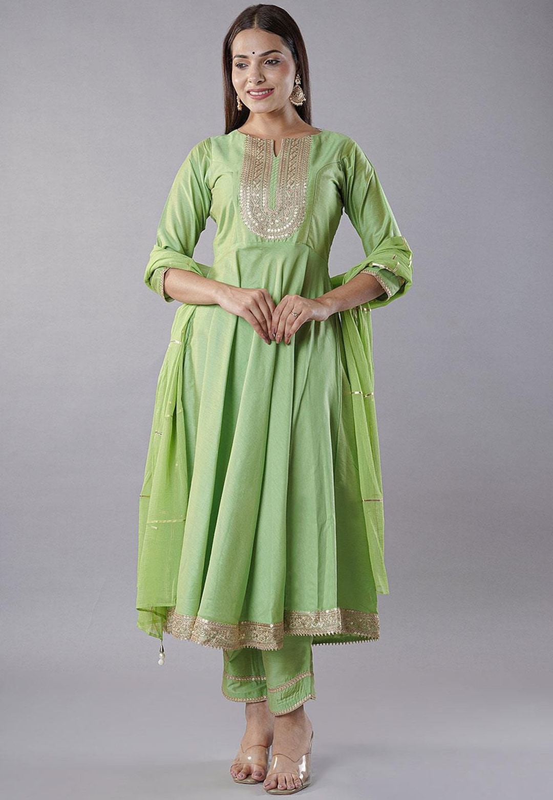Embroidered Cotton Silk Anarkali Suit in Parrot Green Embroidered Cotton Silk Anarkali Suit in Parrot Green