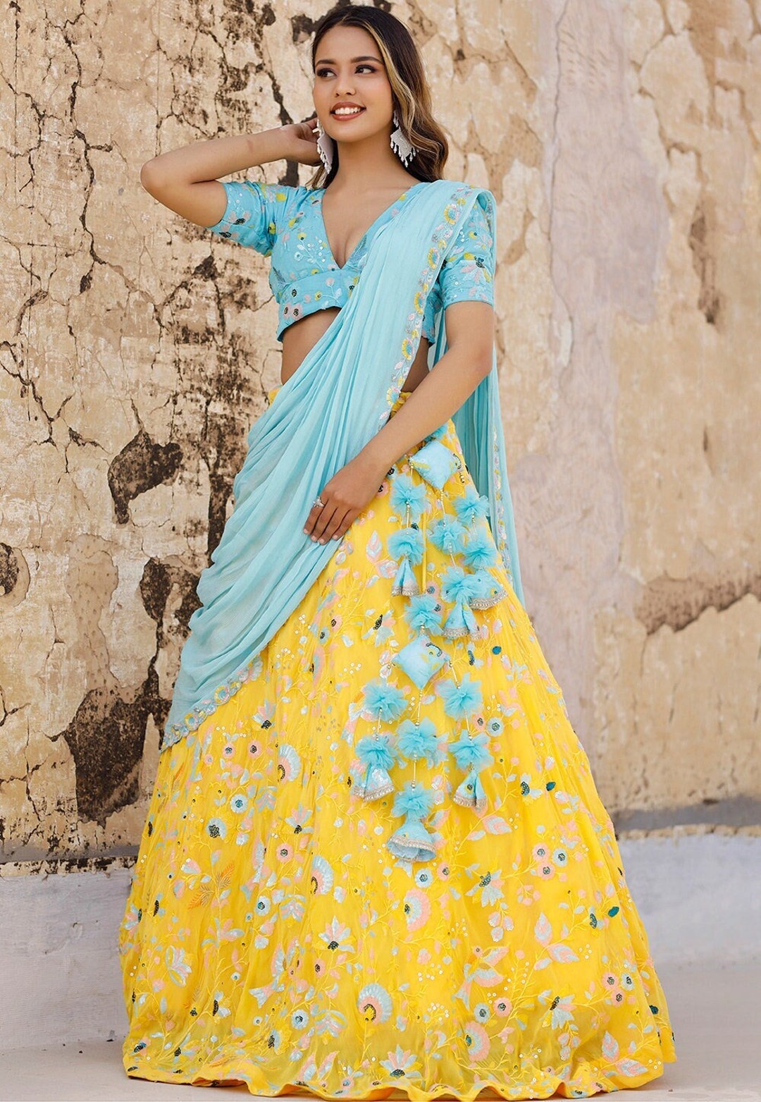 Yellow Georgette Handwork Lehenga with Blouse main image 0