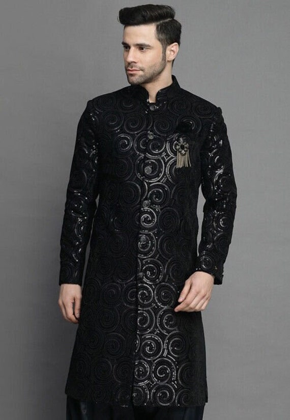 Black velvet sherwani for groom 2025