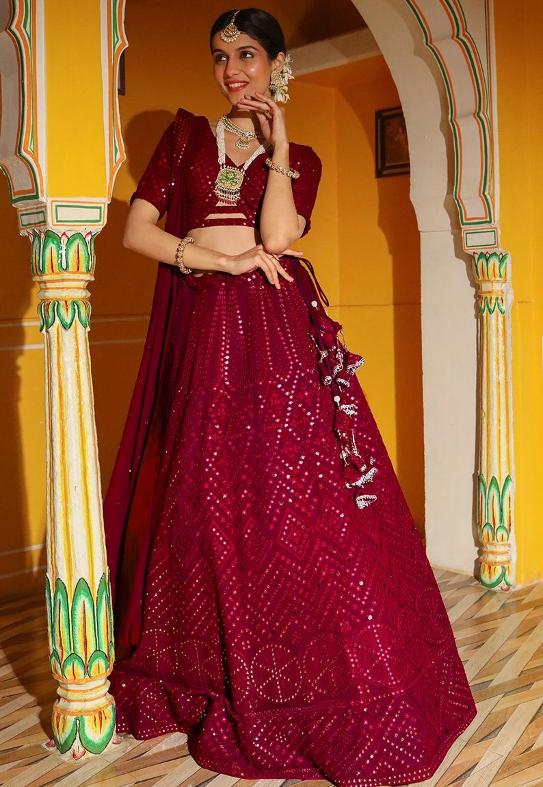 Embroidered Georgette Lehenga in Purple Maroon