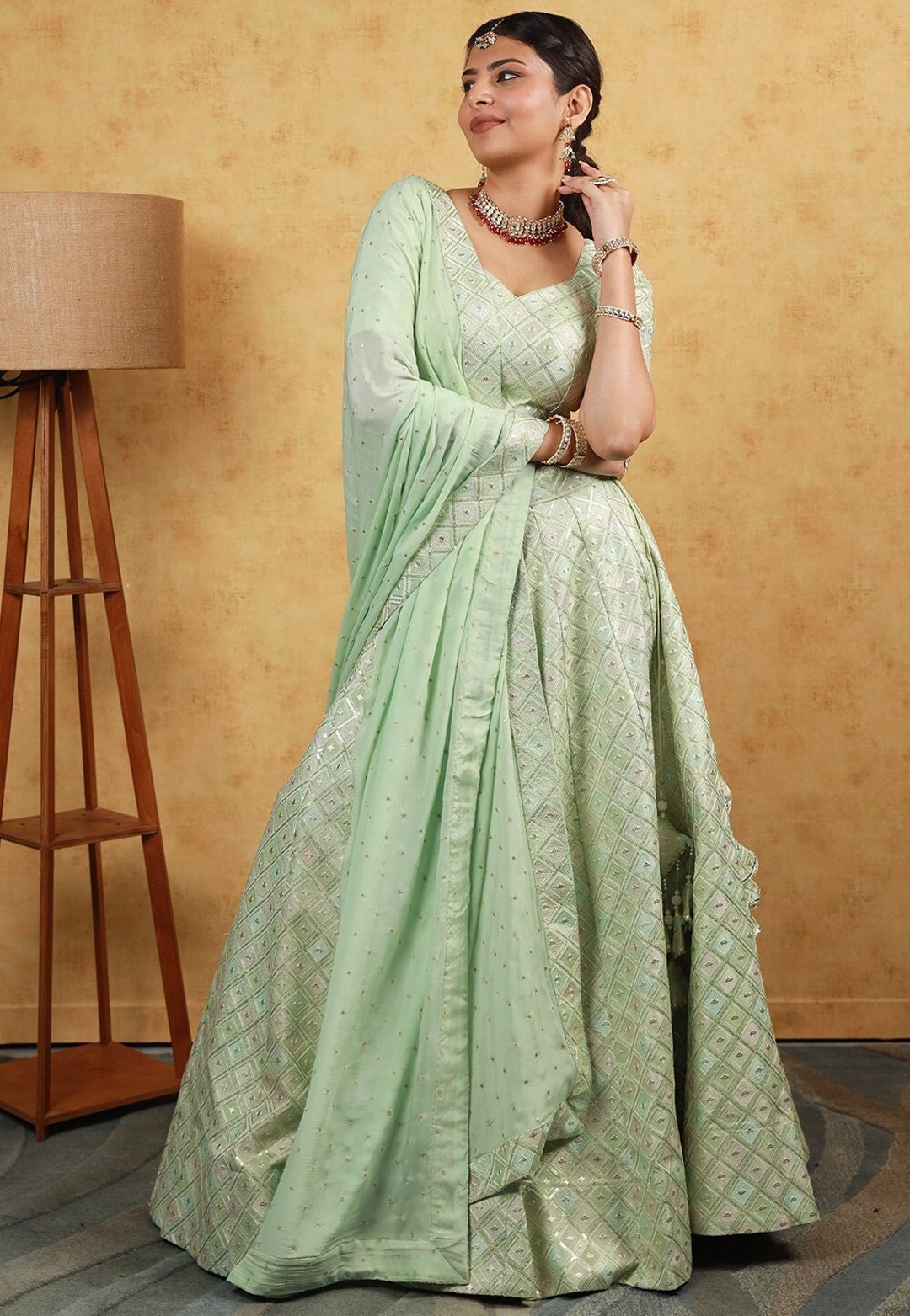 Women Light Green Art Silk Embroidered Lehenga Style Suit