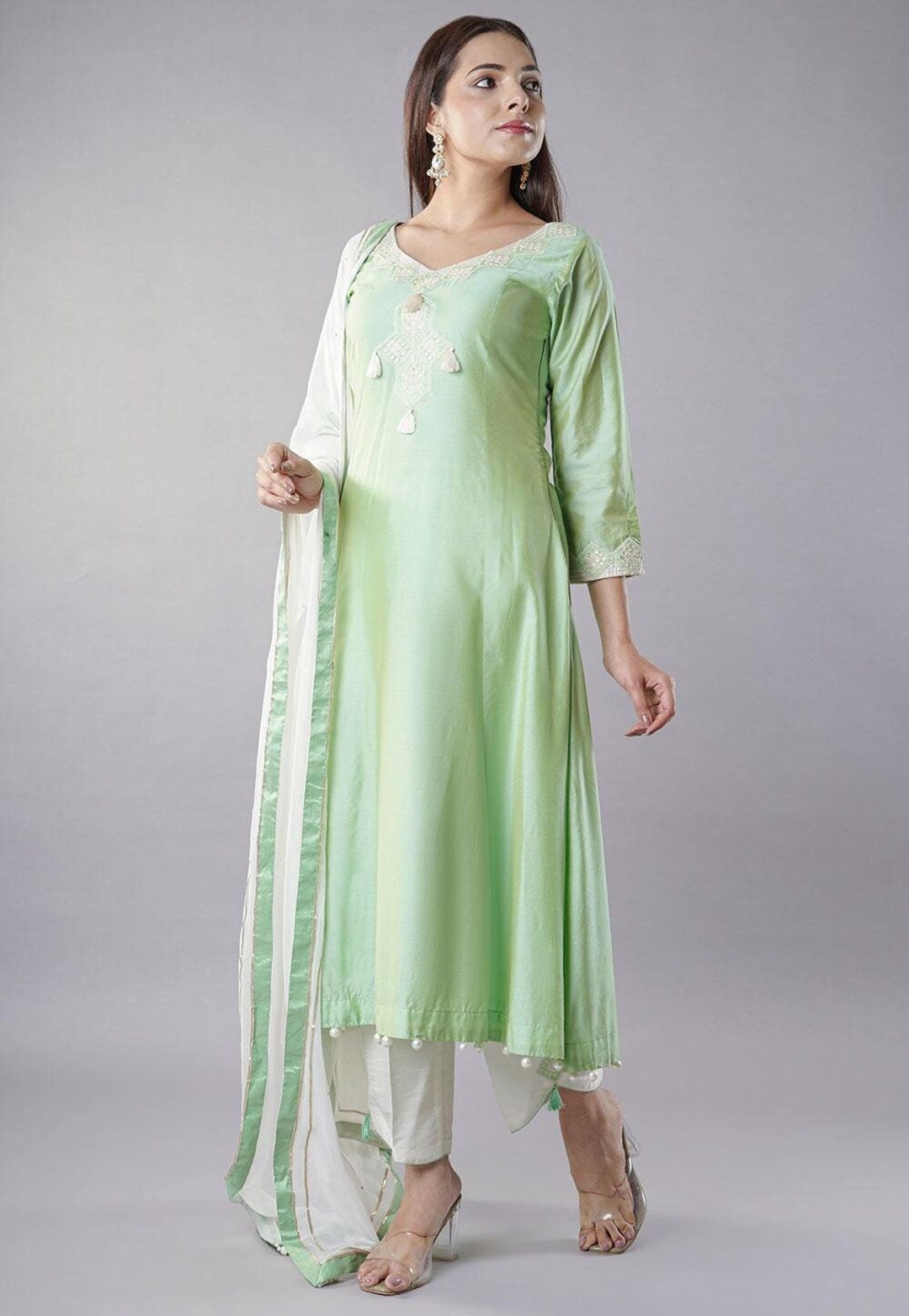 Green Pure Muslin Embroidered Pakistani Style Suit