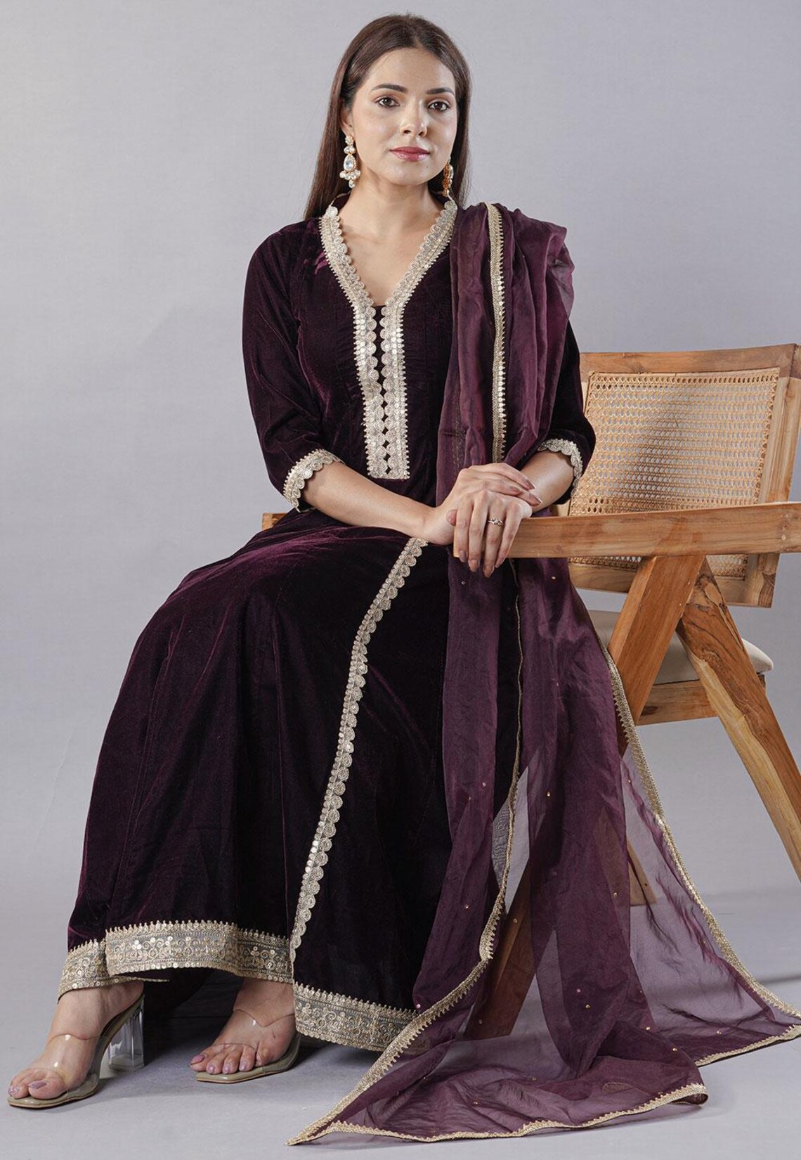 Deep Wine Semi Tussar Sequin Work Neck Pattern Anarkali Suit main image 1