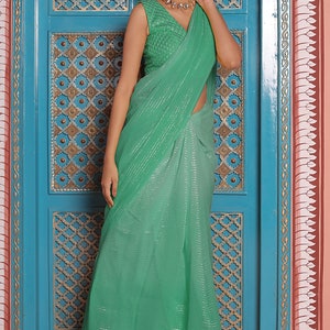 Woven Georgette Saree in Shaded Yellow Shaded Green