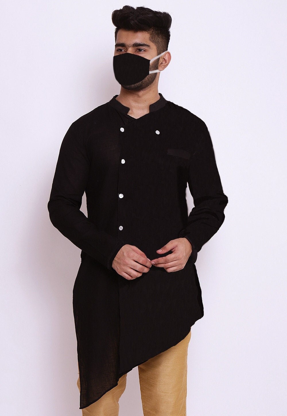 Solid Color Cotton Slub Asymmetric Kurta in Black