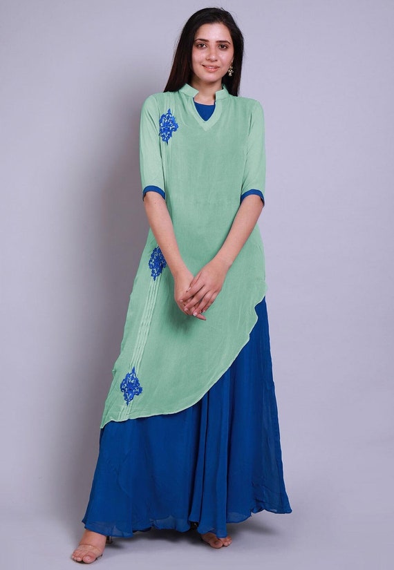 Embroidered Georgette Layered Kurta Set in Sea Green and Teal Blue