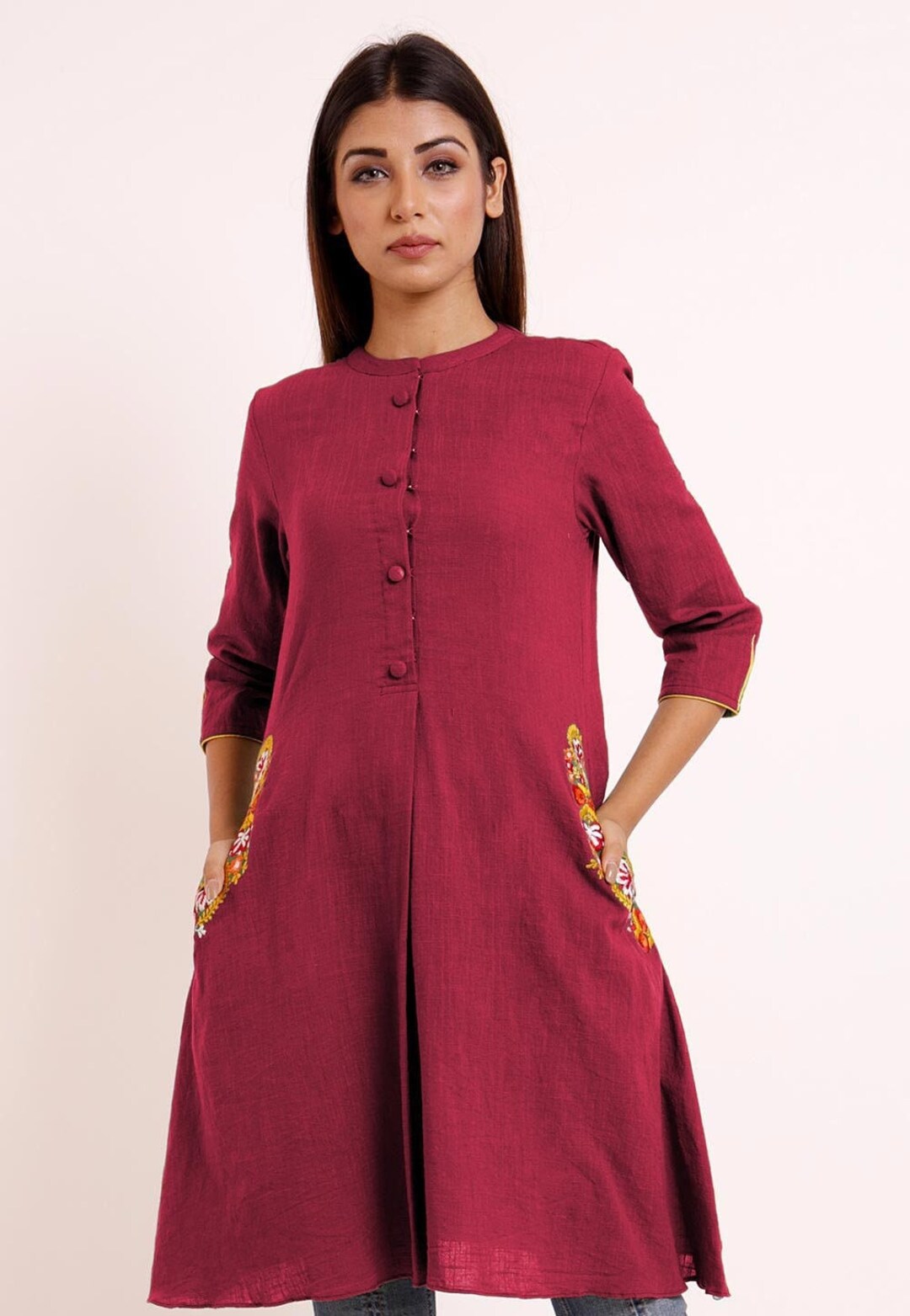 Blue Printed 3/4 Sleeve Cotton Assymetric Kurta With Two Side Pocket main image 0