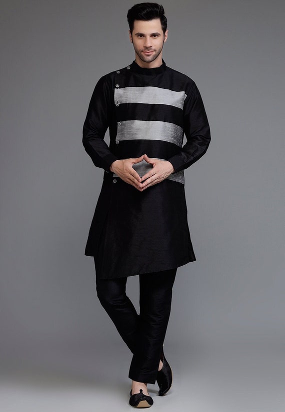 Color Blocked Dupion Silk Kurta Set in Black and Grey Etsy Canada