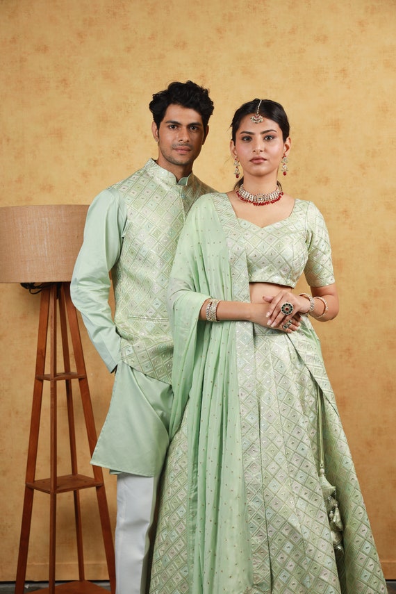 pastel green indian dress Embroidered Art Silk Lehenga and Kurta Couple Combo Set in big girl