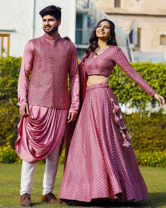 Pink Silk Saree and Kurta Pajama: Buy Couple Dress Online