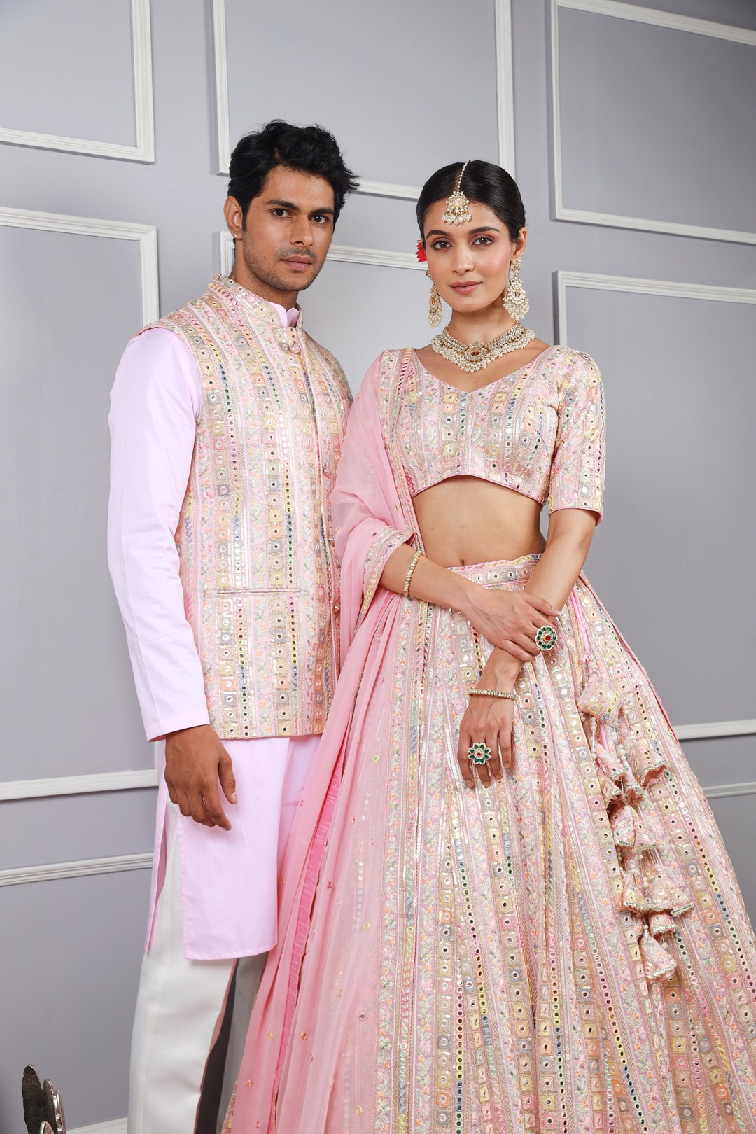 Embroidered Georgette Lehenga and Art Silk Kurta Couple Combo Set