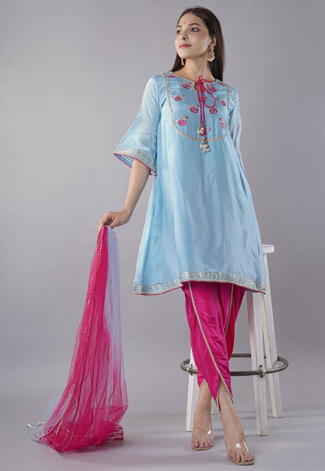 Sky Blue Gotta Embroidered Silk Suit main image 1