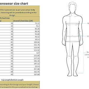 May include: A chart showing menswear sizing in inches and centimeters. The chart includes a diagram of a man with lines indicating chest, waist, and bottom length measurements.