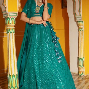 Embroidered Georgette Lehenga in Purple Sea Green