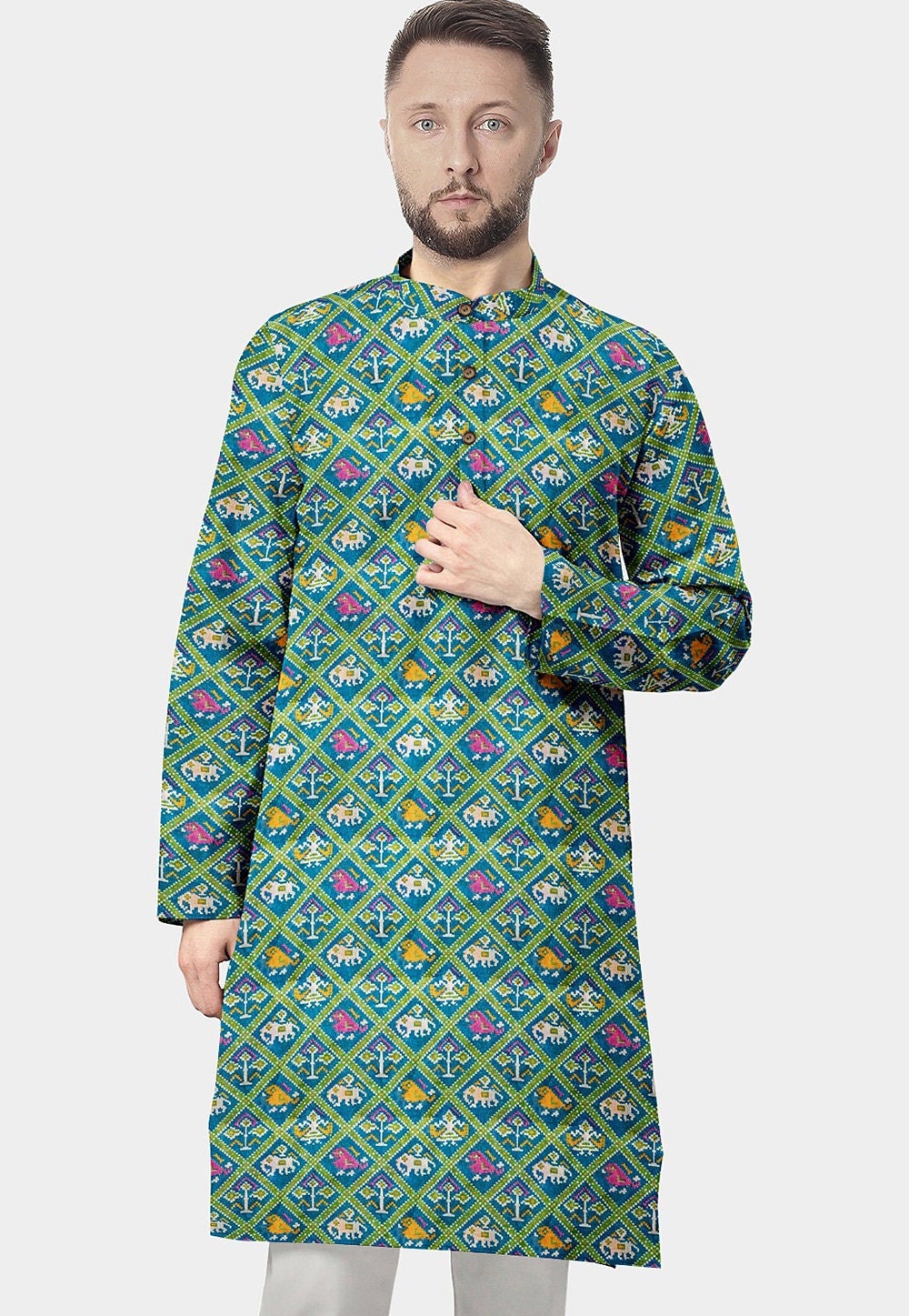 Patola Printed Art Silk Straight Kurta in Sea Green