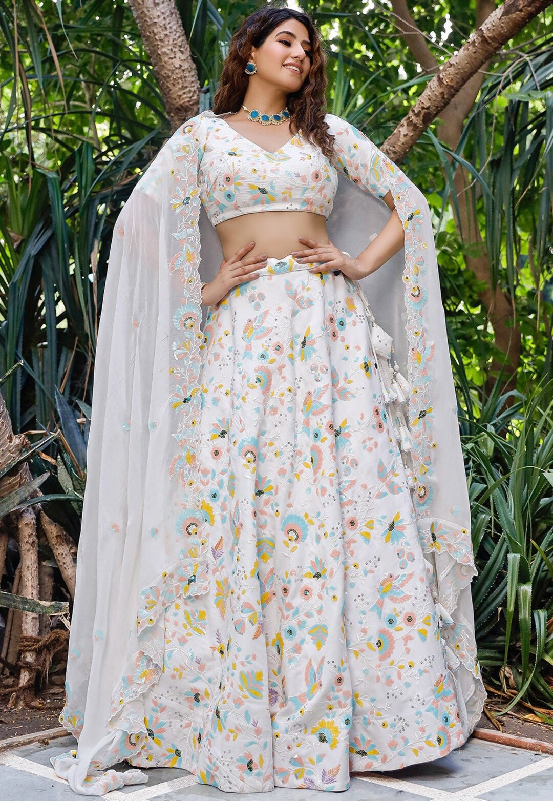 Foil Print Pleated Georgette Lehenga with Mirror Embellished Blouse