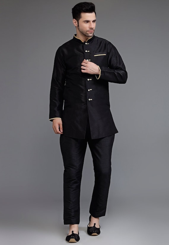 Contrast Trim Dupion Silk Kurta Set in Black Etsy Canada
