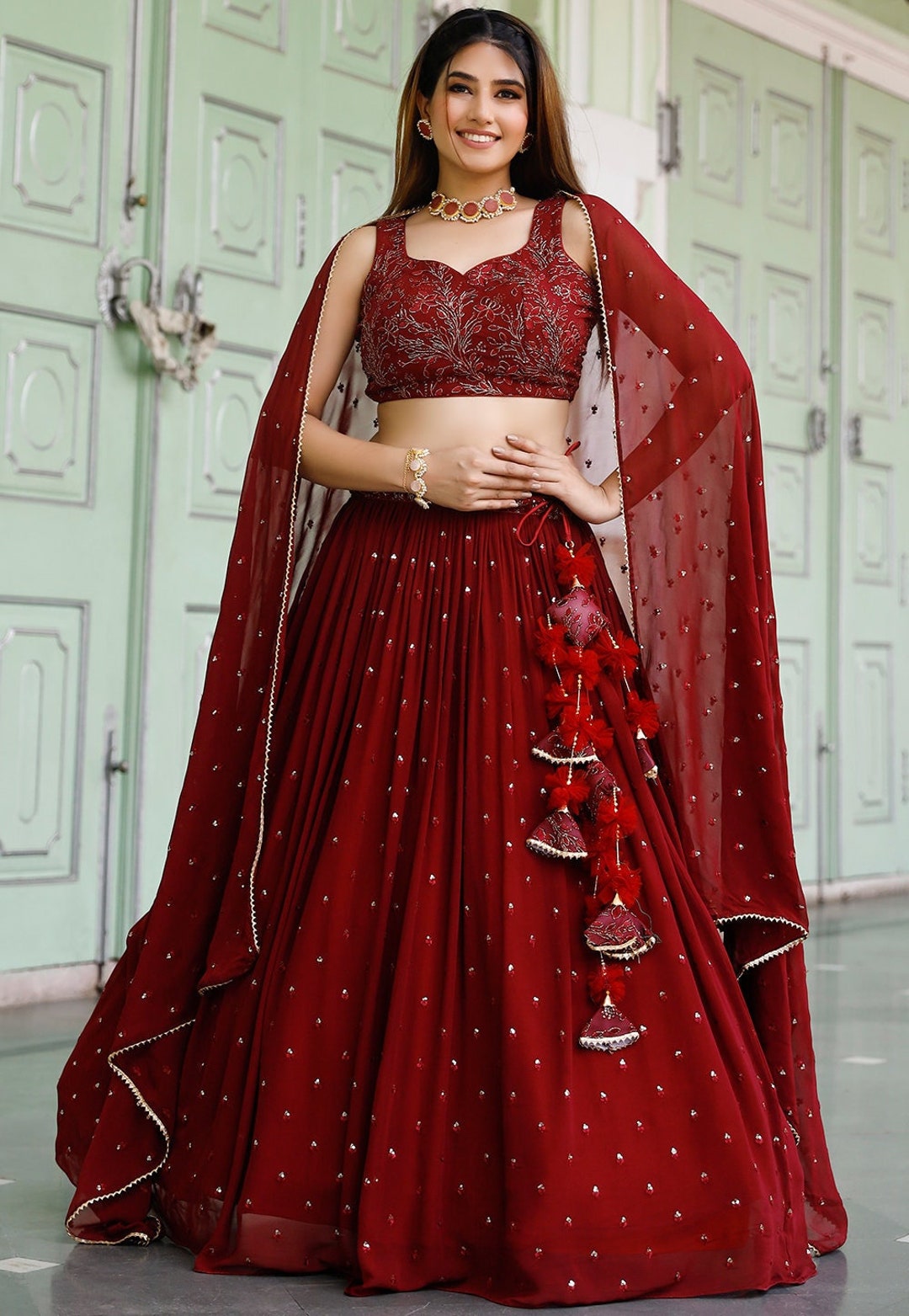 Long Kurti Style Green Georgette Embroidered Lehenga Suit