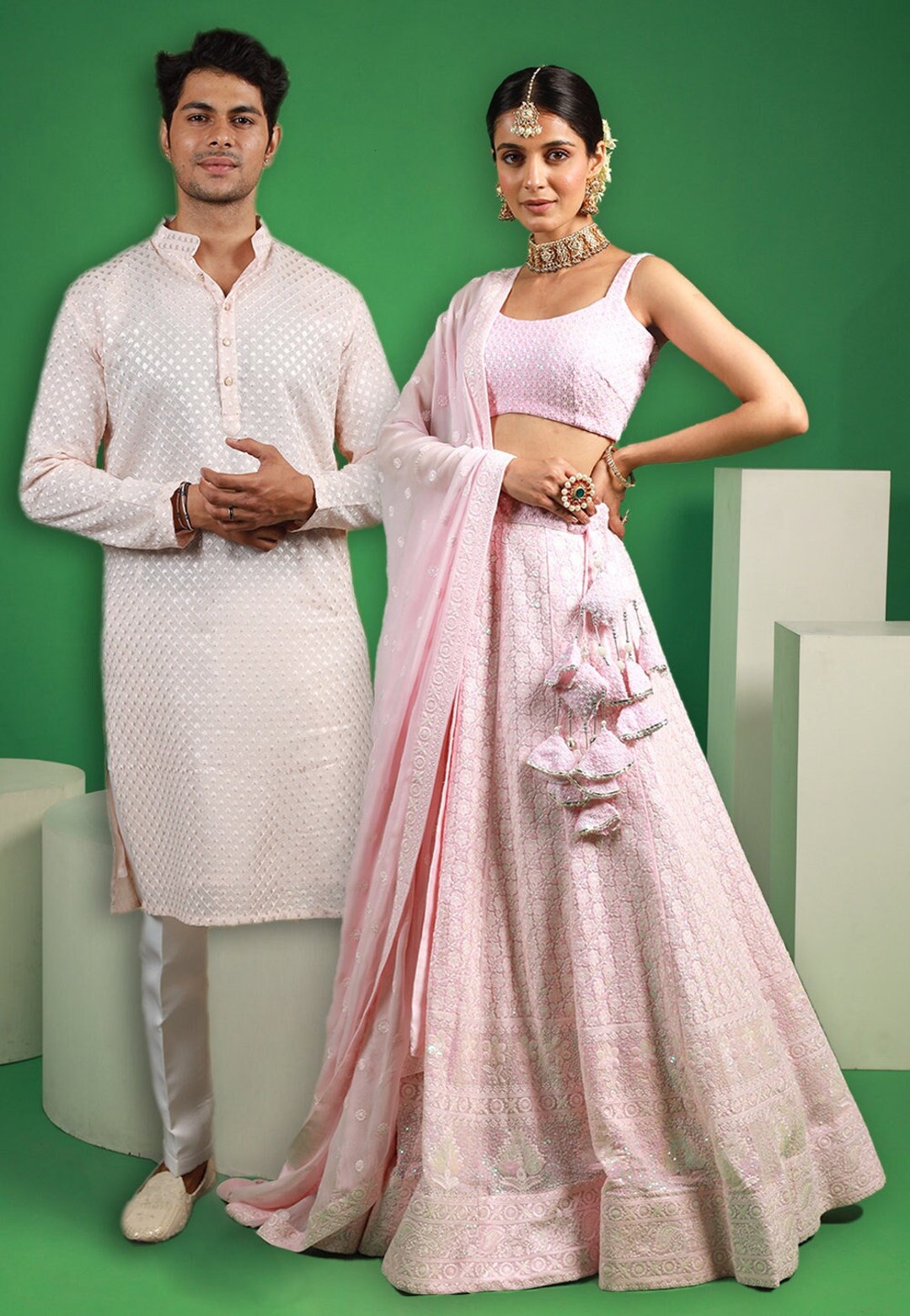 Baby Pink Lehenga with Georgette Jacquard Embroidered Blouse & Handwork Dupatta Set main image 1